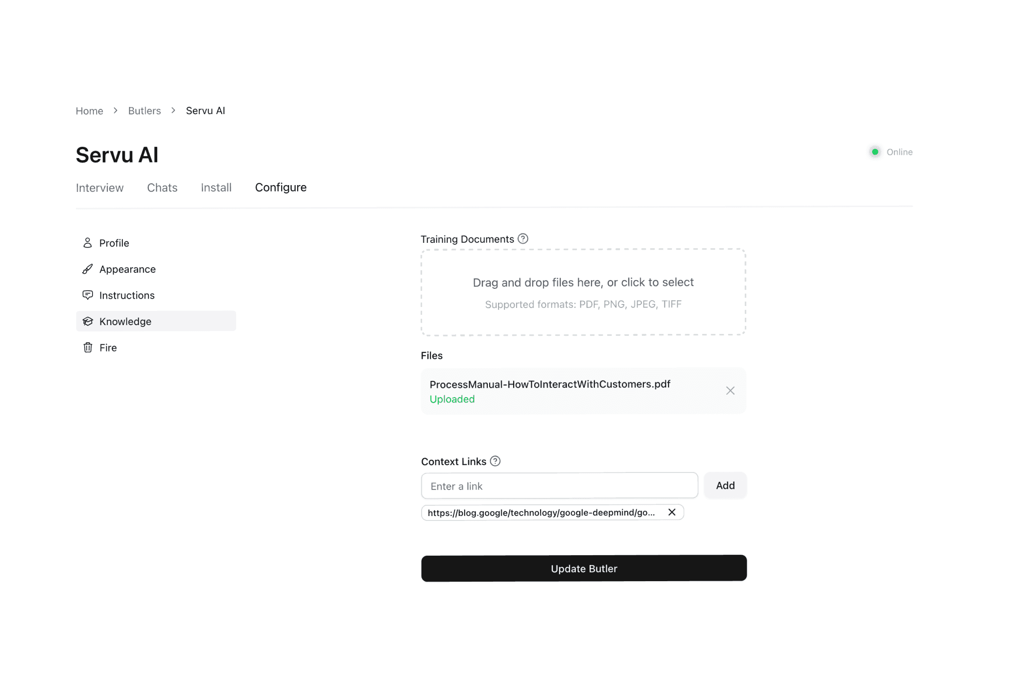 Training interface for uploading knowledge